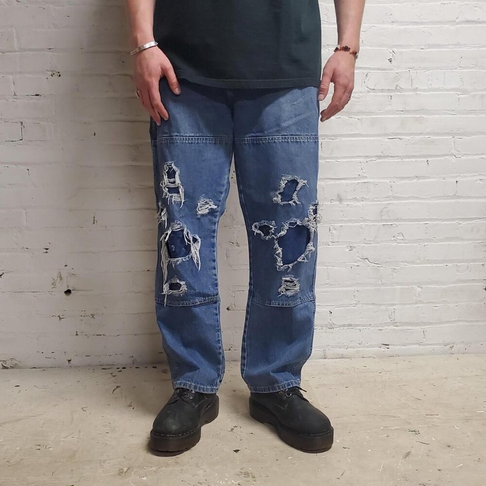 mens custom Dickies distressed blue Denim double knee jeans size 36